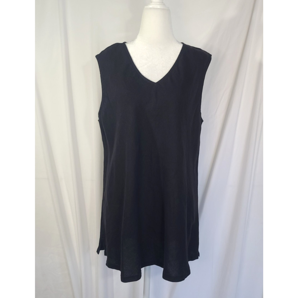 New W/Tag Matchpoint USA Solid Black 100% Linen V-Neck Tunic Top Large